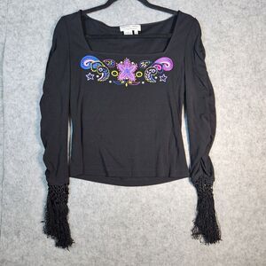 Adrianna Papell Black Floral Embroidered Ruched Fringe Top Boho Festival Sz S